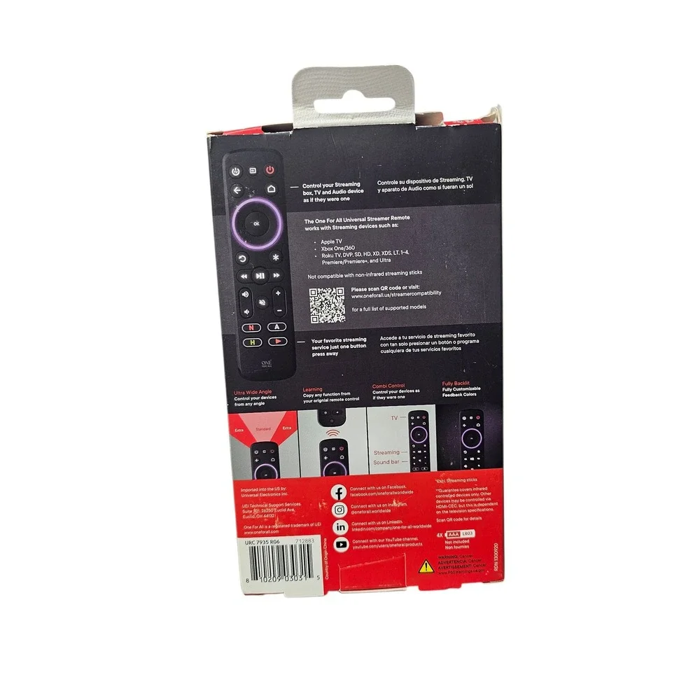 One For All URC 7935 Universal Streaming Remote Backlit Apple TV Roku Xbox Black